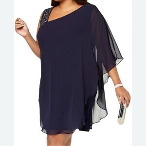 Xscape Women’s Dark Blue One-Shoulder Dress with Embellished Strap Size 18W